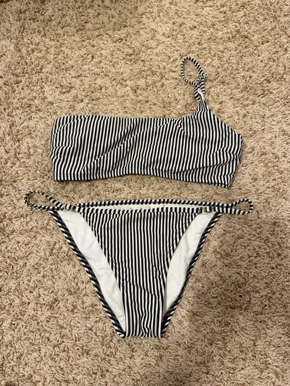 Hollister Black and White Striped One-Shoulder Bikini